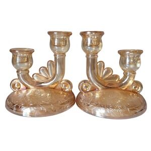 Jeannette Glass Iris Herringbone Double Candelabra Marigold Carnival Glass Set